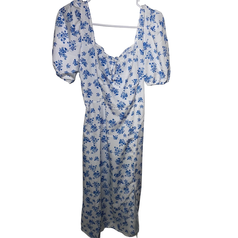 Blue White Floral Puff Sleeve Midi Dress Tie Front Side Slit Cottagecore medium